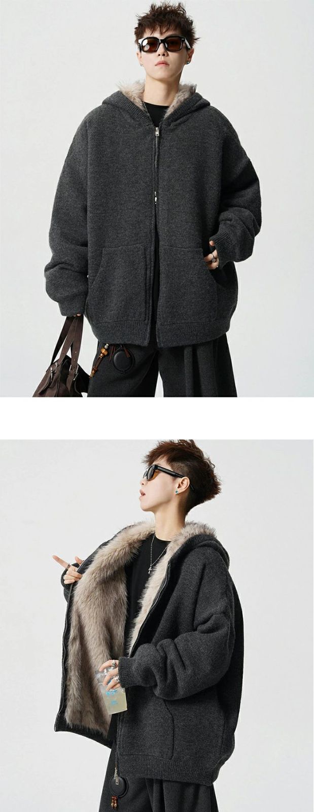 ニット メンズジャケット 裏ボア 冬 アウター ジップアップパーカー 厚手 カジュアルジャケット ゆったり ブルゾン フード付き ジャンパー