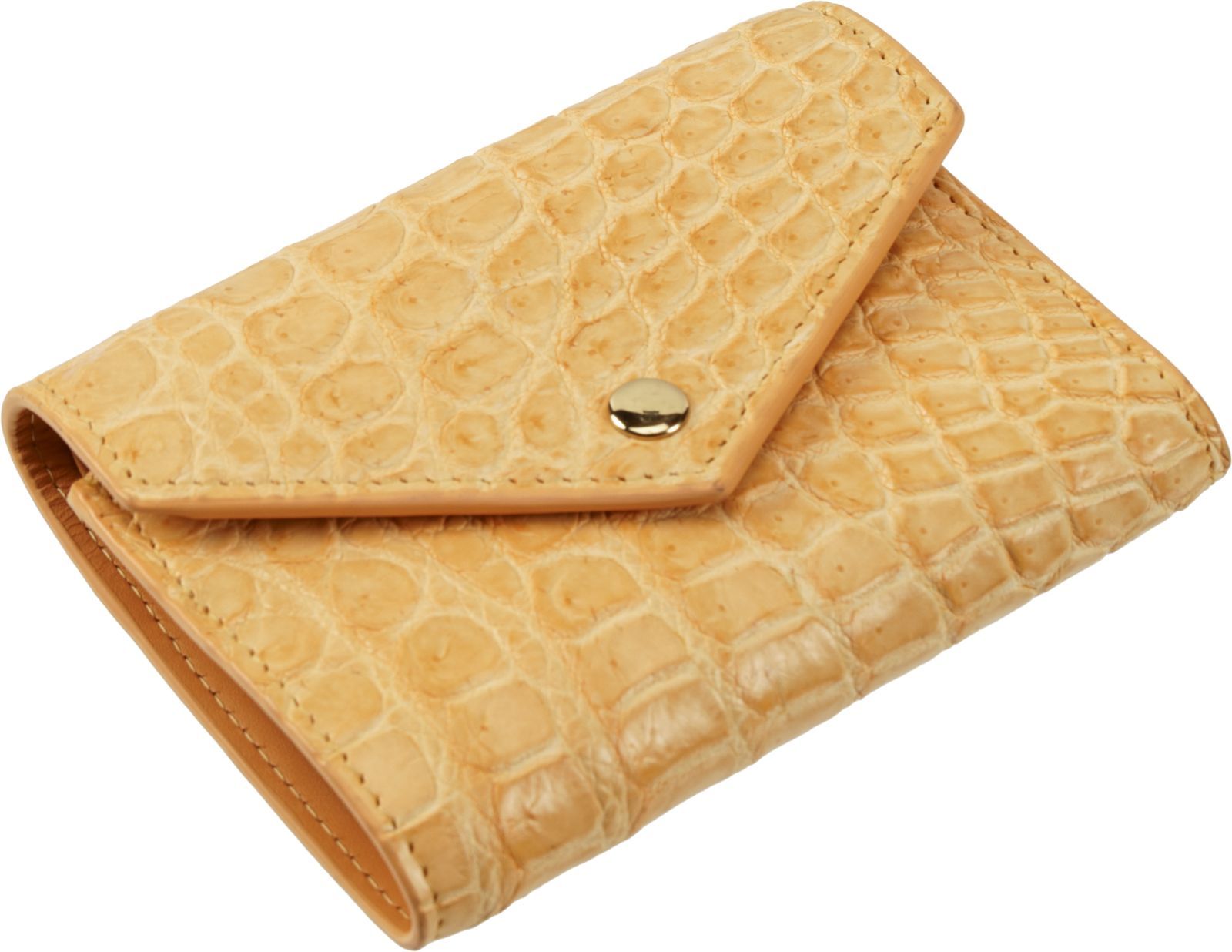 クロコダイル三つ折り財布 薄橙色 本革 コンパクトで金運アップのラッキーカラー