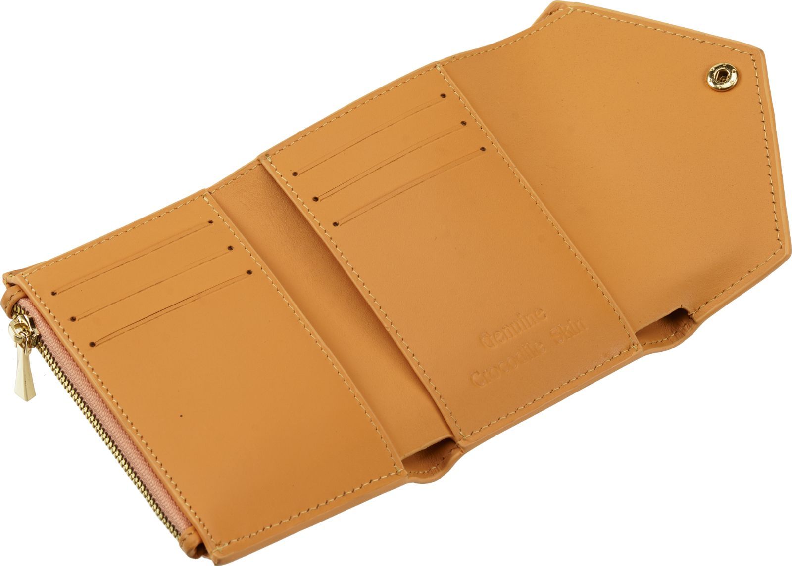 クロコダイル三つ折り財布 薄橙色 本革 コンパクトで金運アップのラッキーカラー