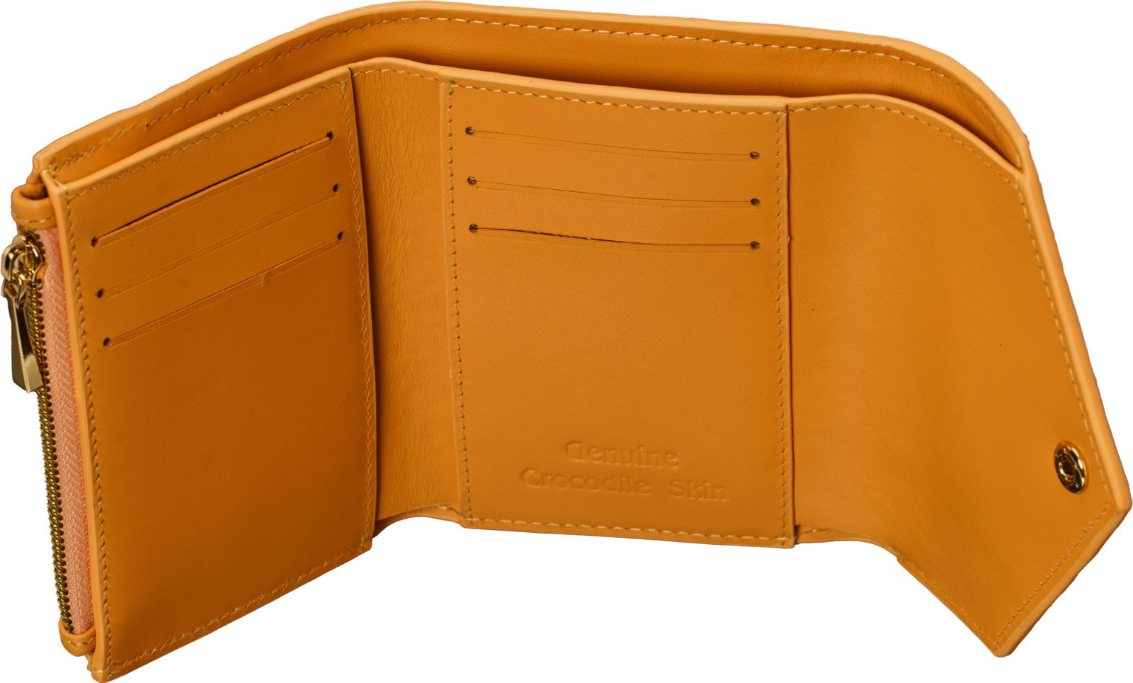  クロコダイル三つ折り財布 薄橙色 本革 コンパクトで金運アップのラッキーカラー ミニ財布 コンパクト財布 財布 ケース 小物入れ