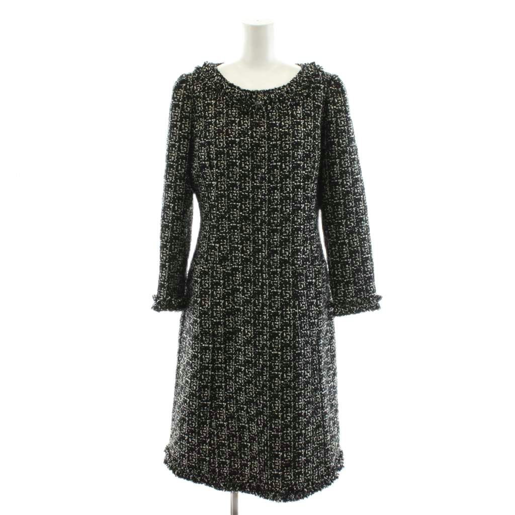 ルネ Rene Tissue社生地 ワンピース ひざ丈 ノー ツイード 36 黒 ブラック 白 ホワイト 6946110 AN 53