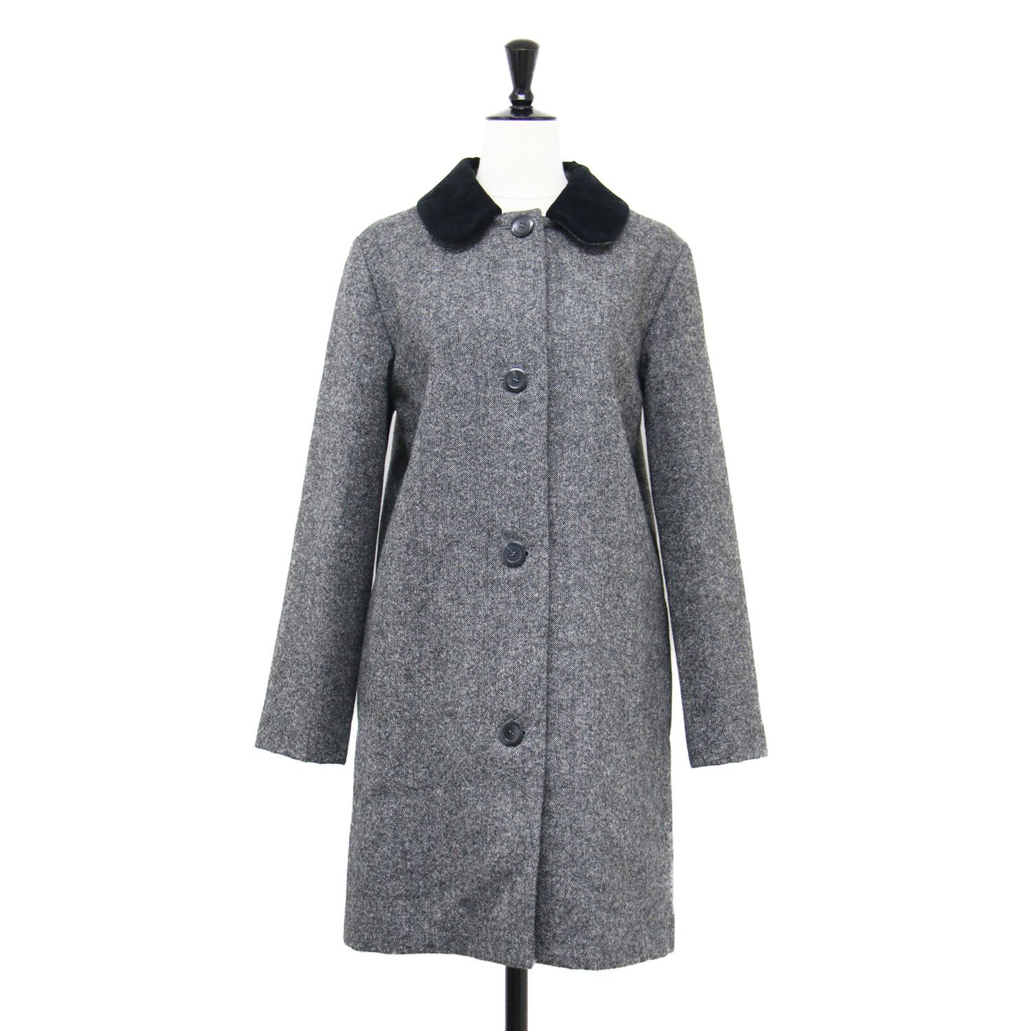 A P C アーペーセー コート グレー サイズ 36 S ベロア 丸襟 ツイード ミディ丈 バックスリット ウール アウター ジャケット 上着 レディース