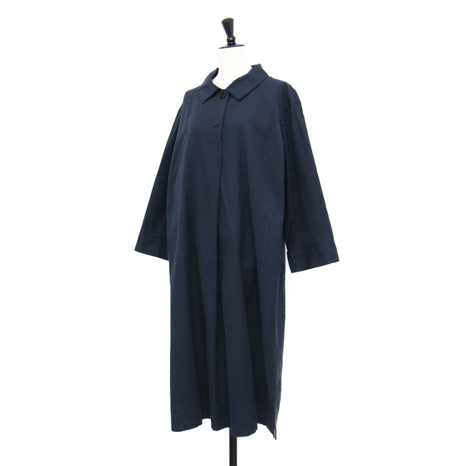 MARGARET HOWELL マーガレットハウエル ワンピース ネイビー 紺 サイズ:FREE | コットン カシミヤ シャツ ワンピース | ミディ丈 長袖 襟付き Aライン タック 起毛素材 | 日本製 | トップス ドレス【レディース】【中古】【K4657】 MARGARET HOWELL マーガレットハウエル ワンピース ネイビー 紺 サイズ