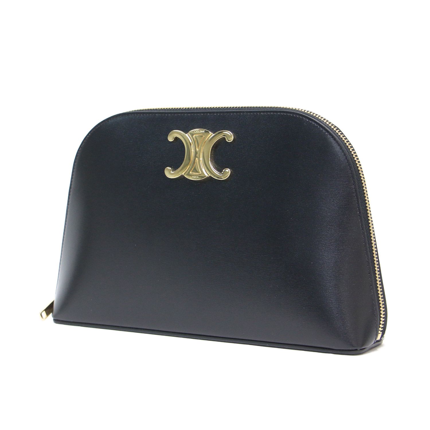 CELINE セリーヌ ポーチ ブラック 黒 25春夏 シャイニーカーフスキン トリオンフ クラッチバッグ レザー ラムスキン メタルパーツ イタリア製 ブランド レディース