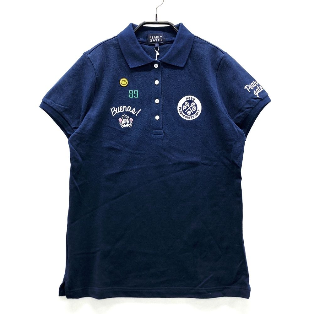 サイズ 1 PEARLY GATES パーリーゲイツ 半袖ポロシャツ ニコちゃん ネイビー系 ゴルフウェア レディース ストスト