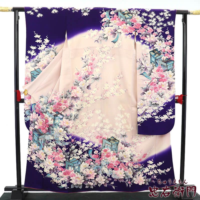 振袖 長襦袢 2点 セット 成人式 晴れ着 正絹 黒 紫 牡丹 御所車 身丈164 cm 裄丈65.5 Mサイズ相当