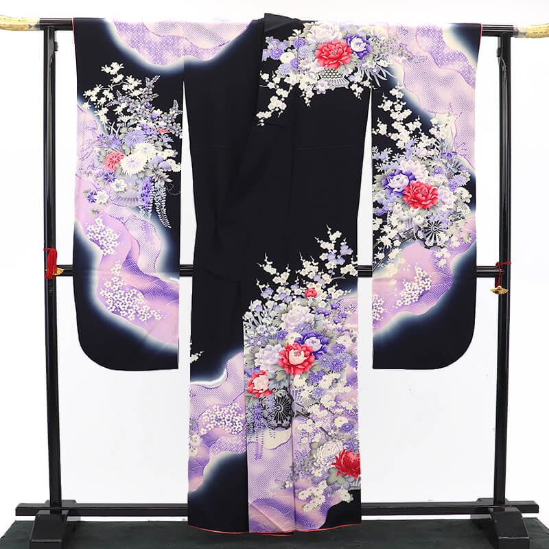 振袖 長襦袢 2点 セット 成人式 晴れ着 正絹 黒 紫 花車 牡丹 梅 身丈162 cm 裄丈67 M～Lサイズ相当