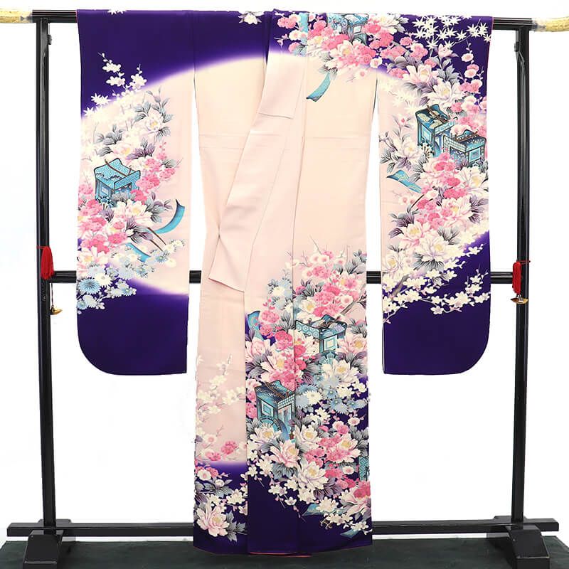 振袖 長襦袢 2点 セット 成人式 晴れ着 正絹 黒 紫 牡丹 御所車 身丈164 cm 裄丈65.5 Mサイズ相当