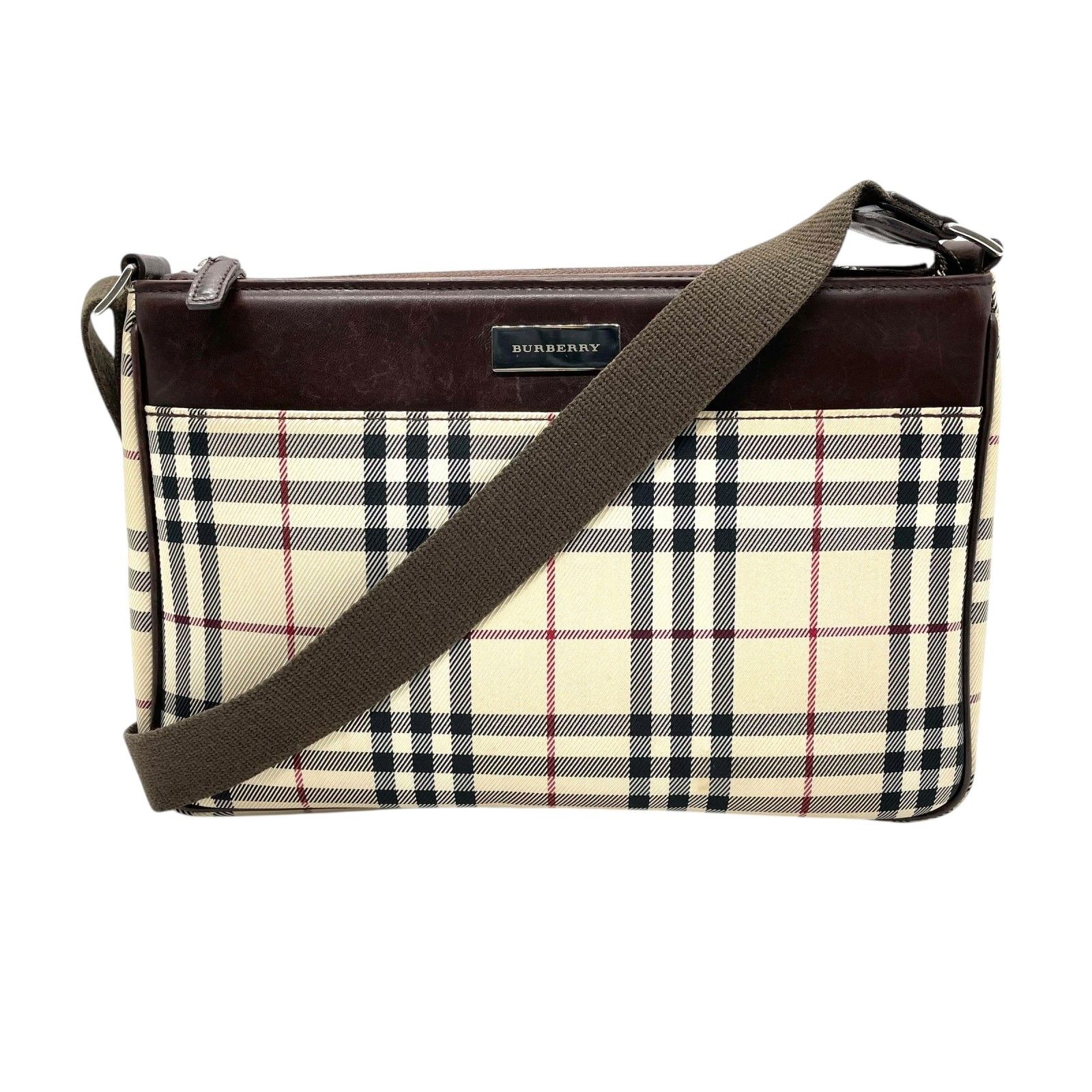 美品 ノバチェック ショルダーバッグ キャンバス レザー ベージュ 