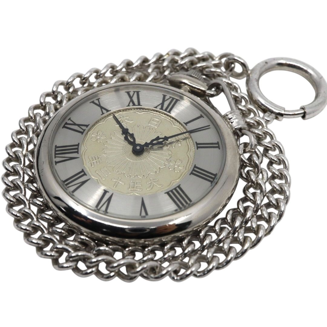 美品/稼働品】松本徽章 懐中時計 五十銭 硬貨 大正三年 1924年 鳳凰 コインウォッチ アナログ クオーツ ローマンインデックス シルバー  チェーン付き クラシック レトロ ヴィンテージ 和風 日本 コレクション G9