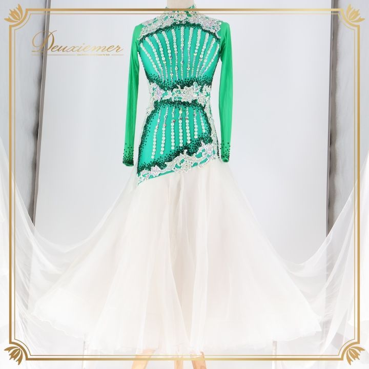 社交ダンス 衣装 ドレス ワンピース 緑 デモ 競技 フロート レース 白 パール 感 上品 グリーン系 ホワイト系 おしゃれ スカート 重ね 豪華 派手 大人 レディース フォーマル 大会用 競技会