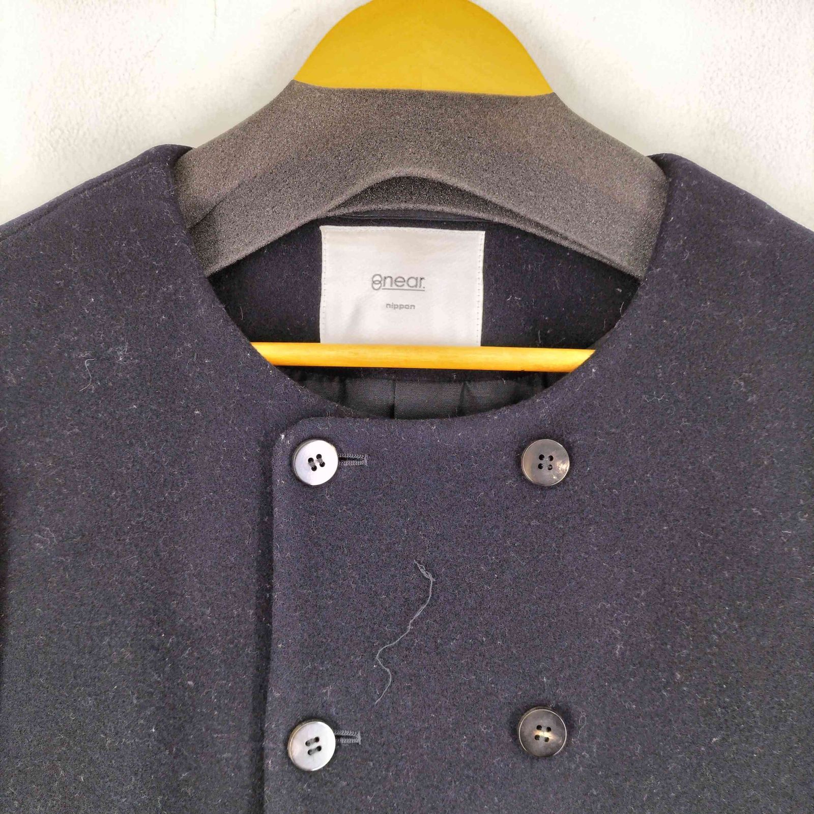 【良好】near.nippon ウール　コート　38 カシミヤ混　ドッキング　紺 ニアーニッポン near.nippon ドッキングコート レディース 38 - メルカリ