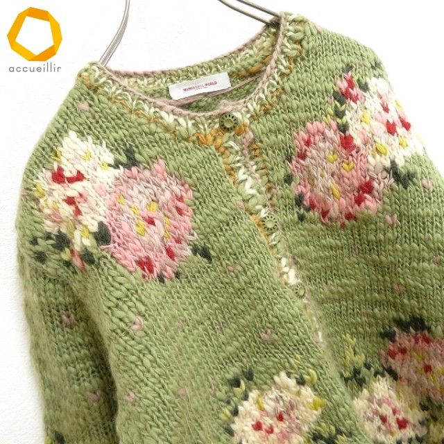 花モチーフ付きニットカーディガン カネコイサオ カネコイサオ☆フェミニン可愛い♪ かぎ針編み花モチーフ襟 七分袖