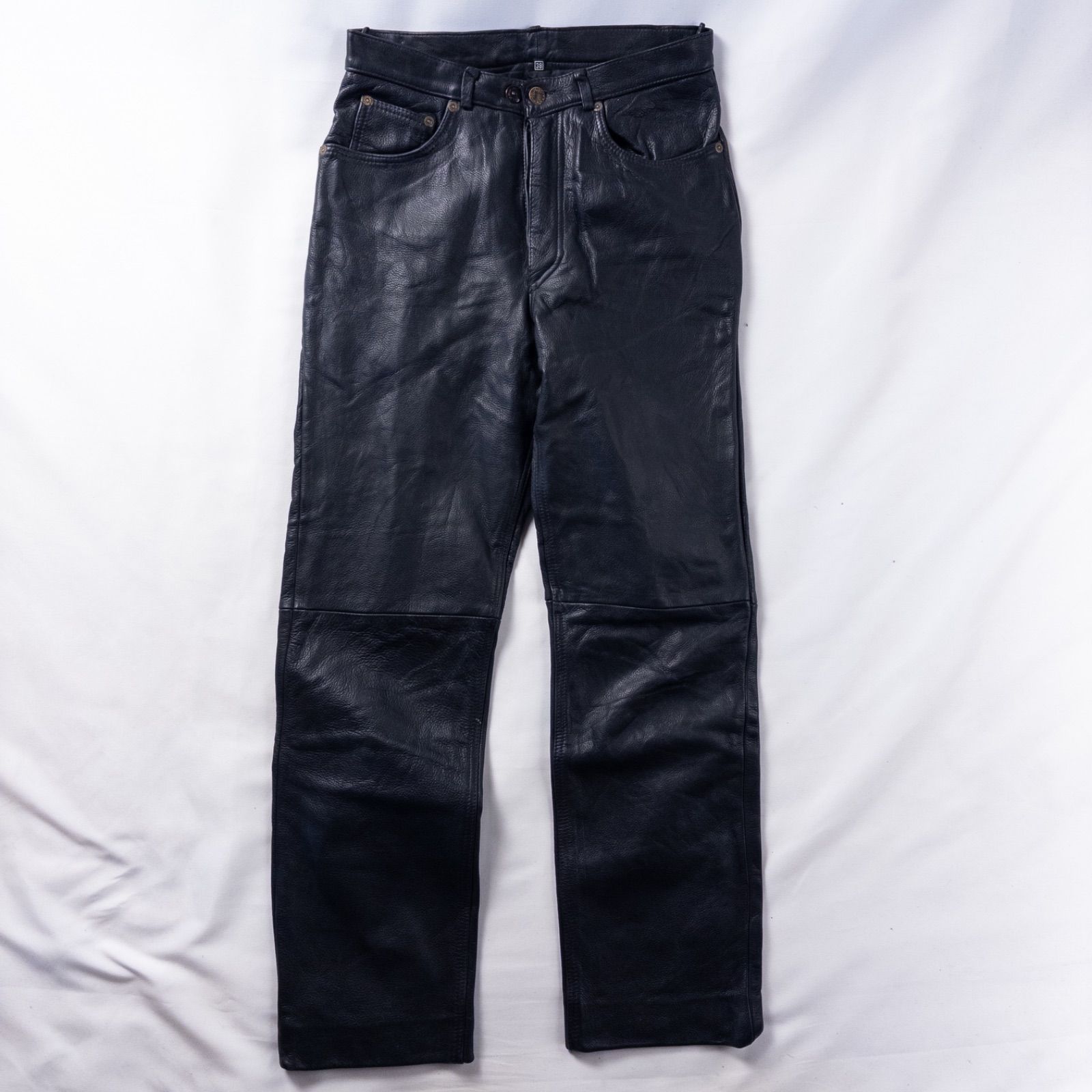 Euro Vintage 90 s ZEUS 本革 リアルレザー ボタンフライ バイカー アメカジ ロック グランジ ブラック 黒 ストレート レザーパンツ