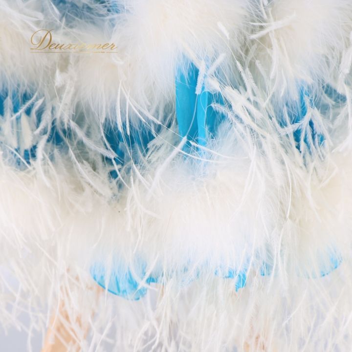 社交ダンス 衣装 ドレス ワンピース 青 水色 ファー フリル プリーツ デモ 競技 パーティ 発表会 ブルー系 ホワイト系 鮮やか おしゃれ 豪華 スカート コスチューム 女性用 ダンス用品 競技用 イベント用 ステージ衣装 パフォーマンス用