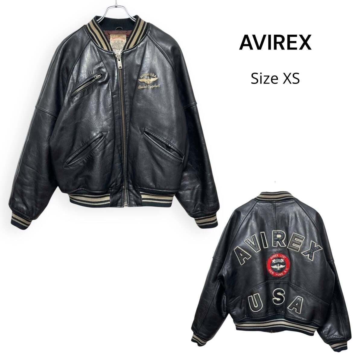 極美品 AVIREX アヴィレックス レザー バーシティジャケット アーチロゴ M25112/ AVIREX アヴィレックス ヴィンテージ アーチロゴ レザー バー