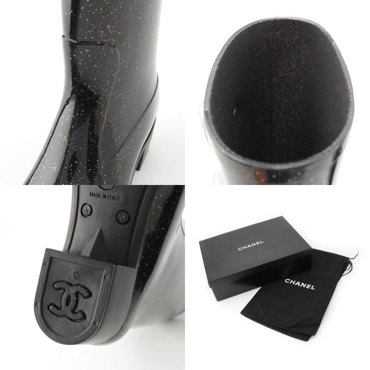 シャネル ラバー カメリア ラメ レインシューズ ブーツ ブラック 36