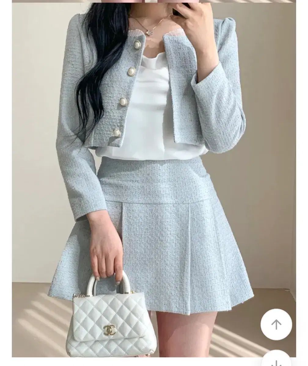 レース スクエアネック パールボタン ジャケット プリーツ ミニスカート セットアップ