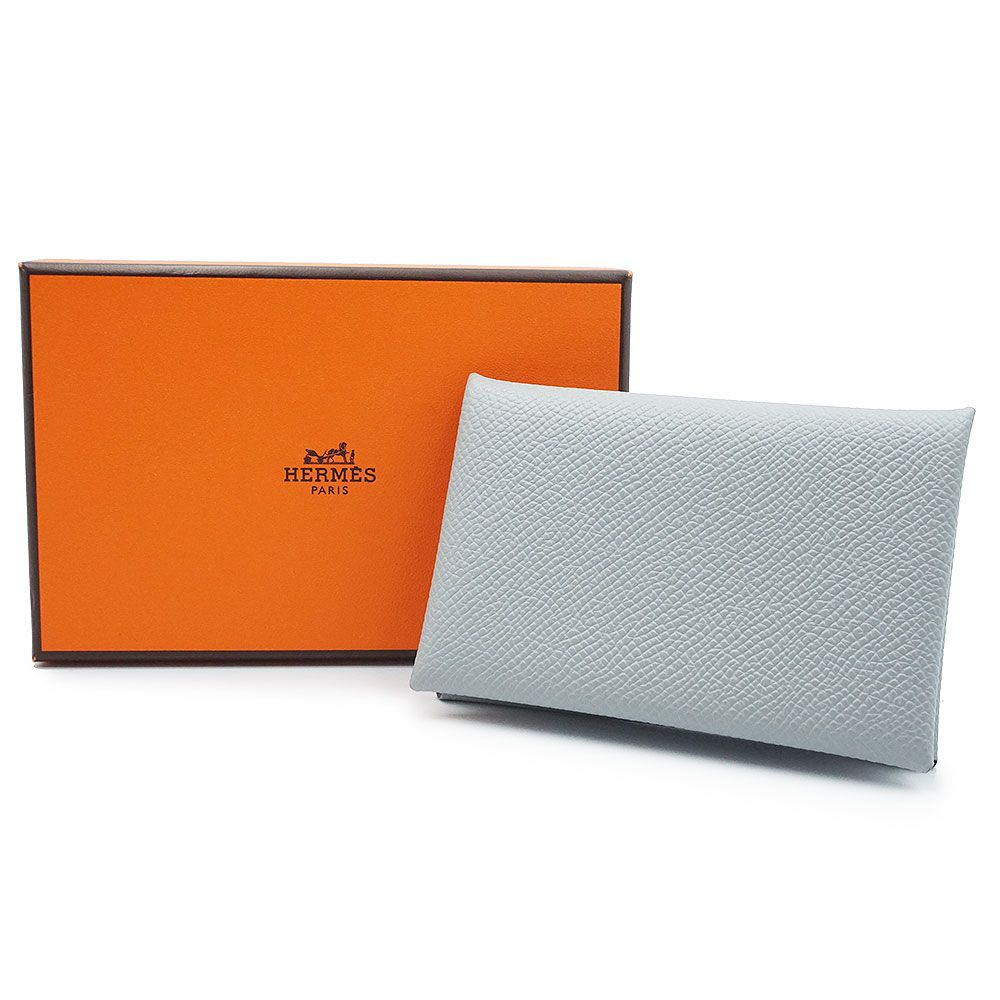 （新品・未使用品）エルメス HERMES カルヴィ カードケース 名刺入れ 定期入れ パスケース ヴォーエプソン レザー ブルーグラシエ グレー シルバー金具 K刻印 箱付 エルメス カルヴィ カードケース 名刺入れ 定期入れ パスケース ヴォー