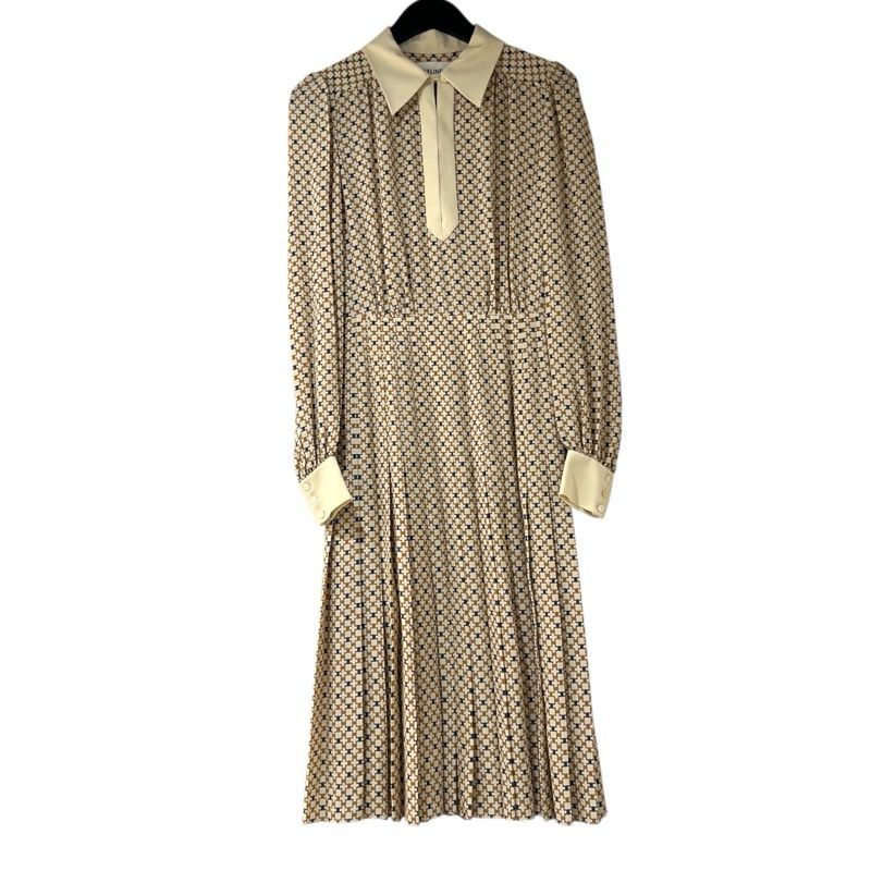 セリーヌ CELINE トリオンフ総柄プリーツワンピース ベージュ×ブラウン シルク レディース ワンピース