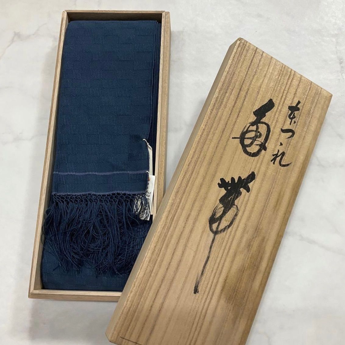 kimomo one ⬛️男前屋⬛️厳選⬛️ 同然⬛️本爪織綴錦之證⬛️綴織⬛️角帯⬛️正絹⬛️市松無地⬛️ネイビー⬛️リバーシブル⬛️長さ463.5 cm