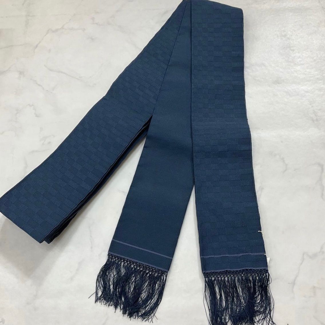 同然⬛️本爪織綴錦之證⬛️綴織⬛️角帯⬛️正絹⬛️市松無地⬛️ネイビー⬛️リバーシブル⬛️長さ463.5