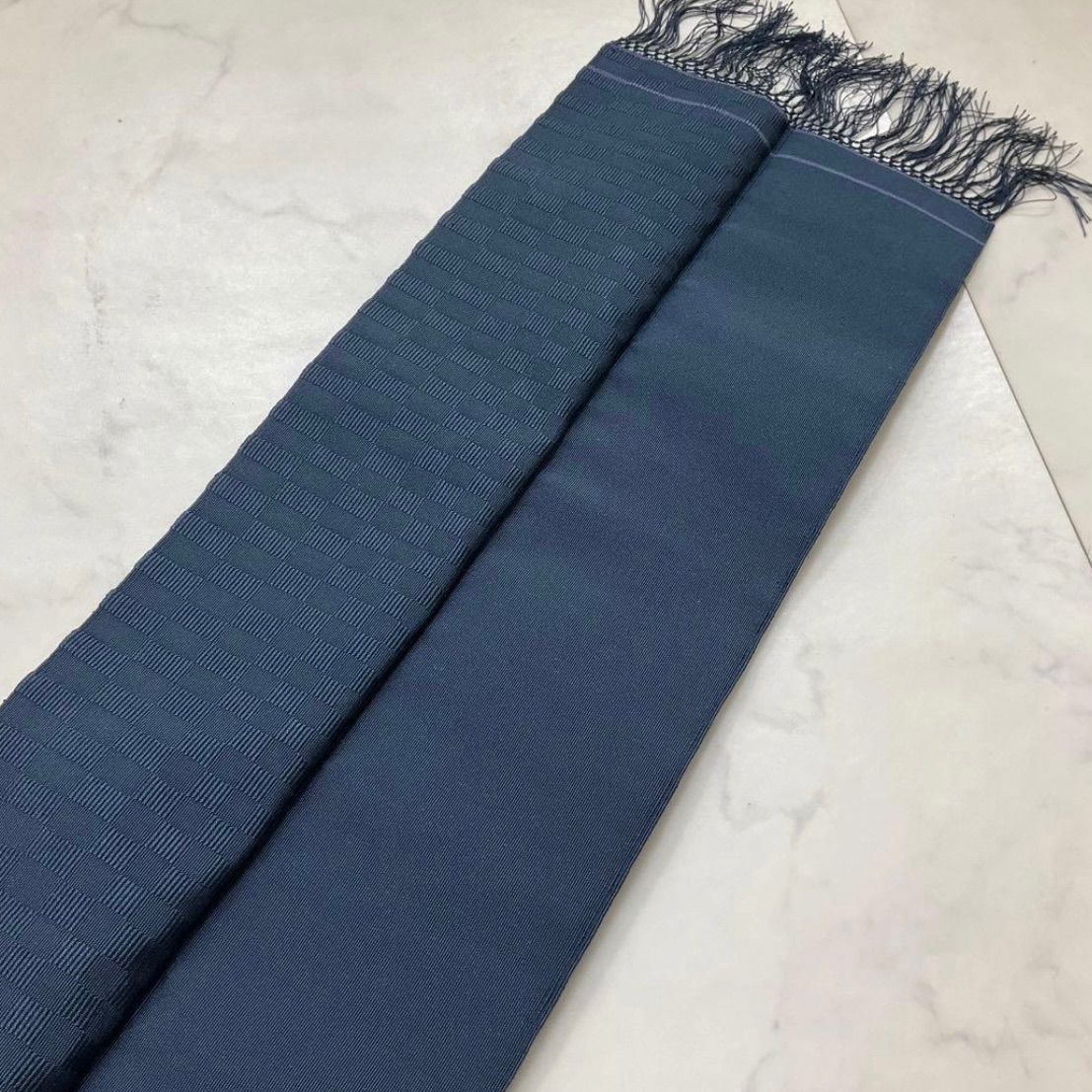  kimomo one ⬛️男前屋⬛️厳選⬛️ 同然⬛️本爪織綴錦之證⬛️綴織⬛️角帯⬛️正絹⬛️市松無地⬛️ネイビー⬛️リバーシブル⬛️長さ463.5 cm 角帯 帯