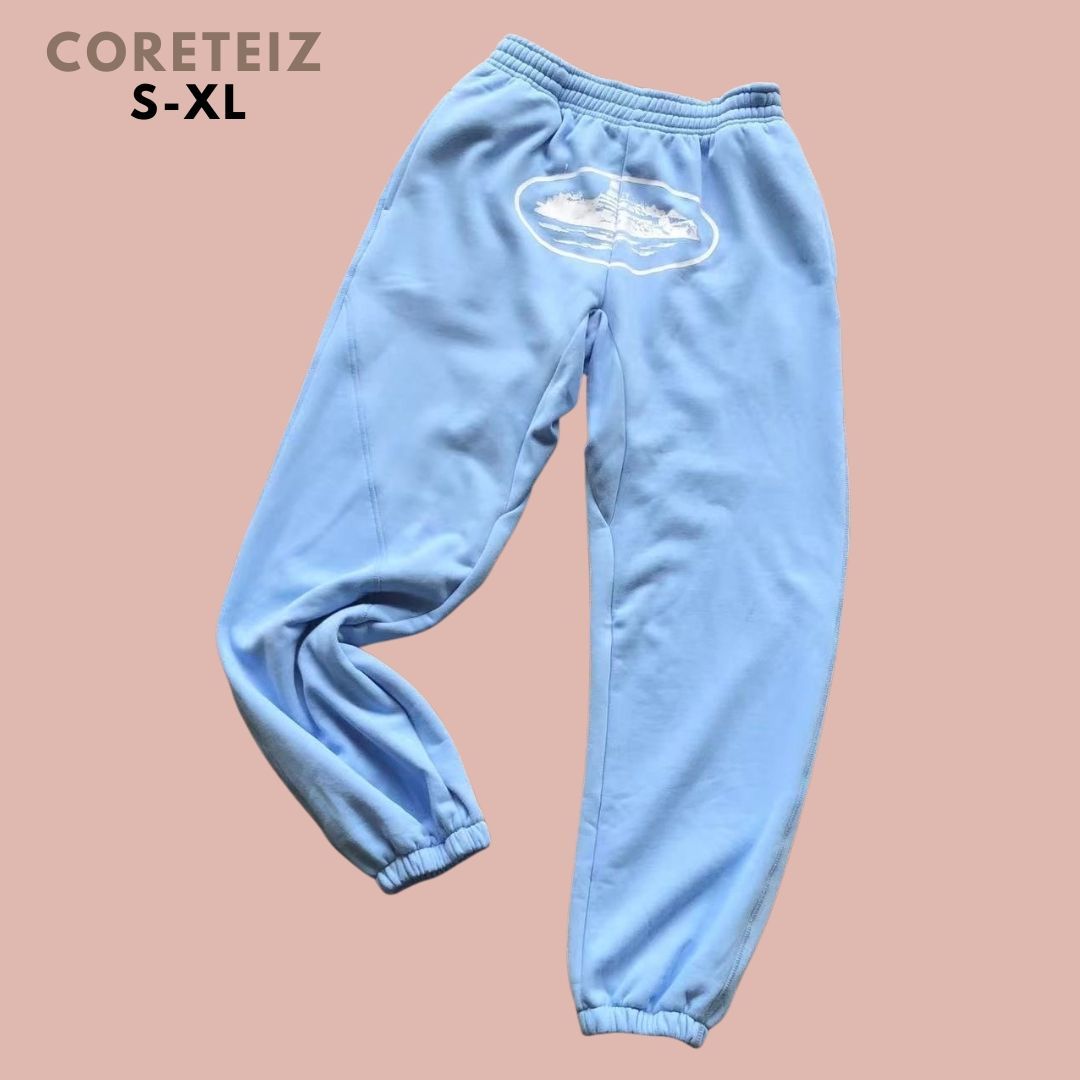 Coreteiz ロゴ スウェットパンツ ロングパンツ ストリートファッション ライトブルー メンズ ユニセックス
