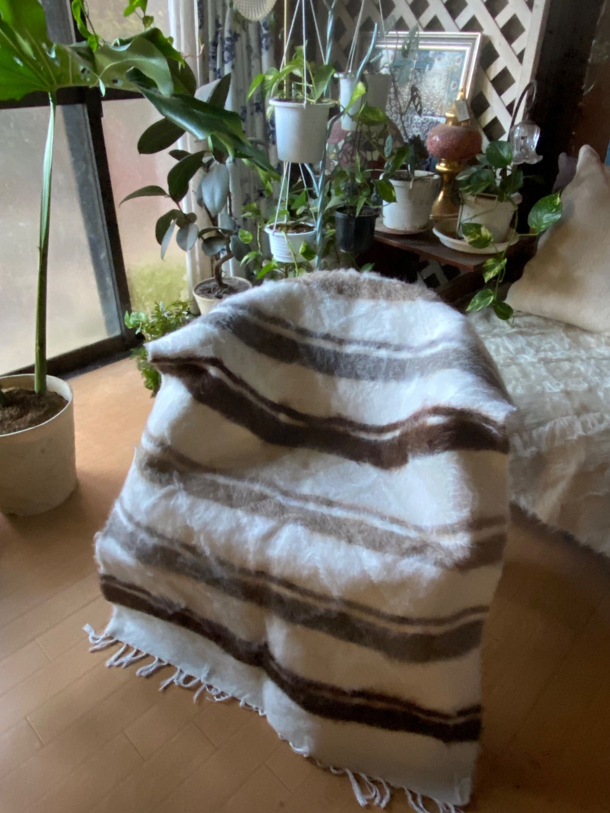 トルコの東シイルトで140年前から織られているシイルトバッタニイェ 白に のボーダー柄も飽きの来ない素晴らしい色合い モフモフふわふわ暖かい毛布 ラグだけではなくソファや車にも一枚あると重宝 当店27年トルコより直輸入卸売販売だから実現のこの質と価格是非