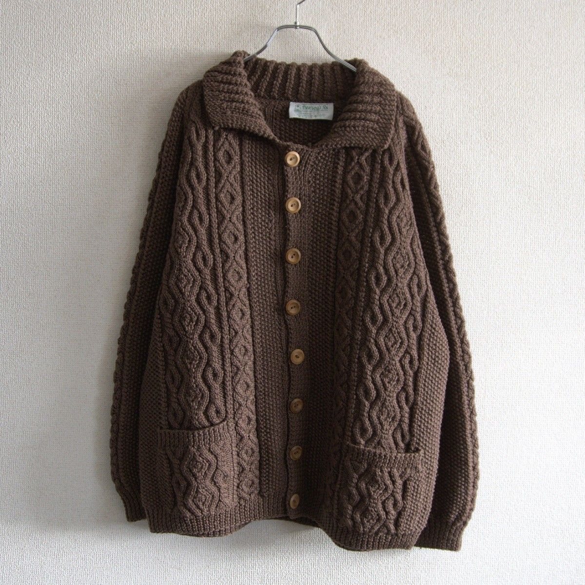 ビッグサイズ ケーブルニット 3 Aカーディガン ブラウン インバーアラン