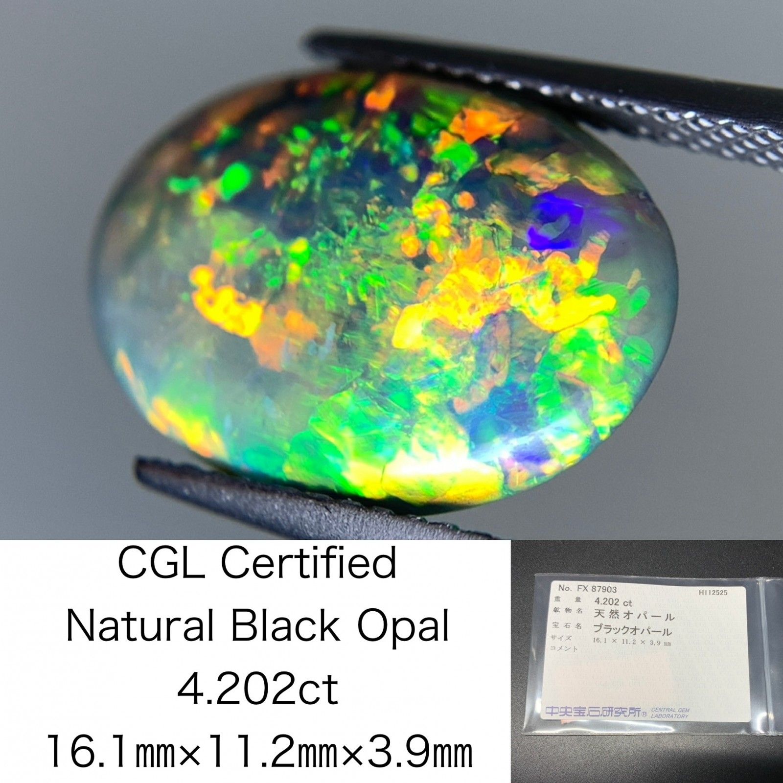 ブラックオパール 天然 4 202 ct 中央宝石ソーティング付き 16 1㎜ 11 2㎜ 3 9㎜ ルース 裸石 7445 Y