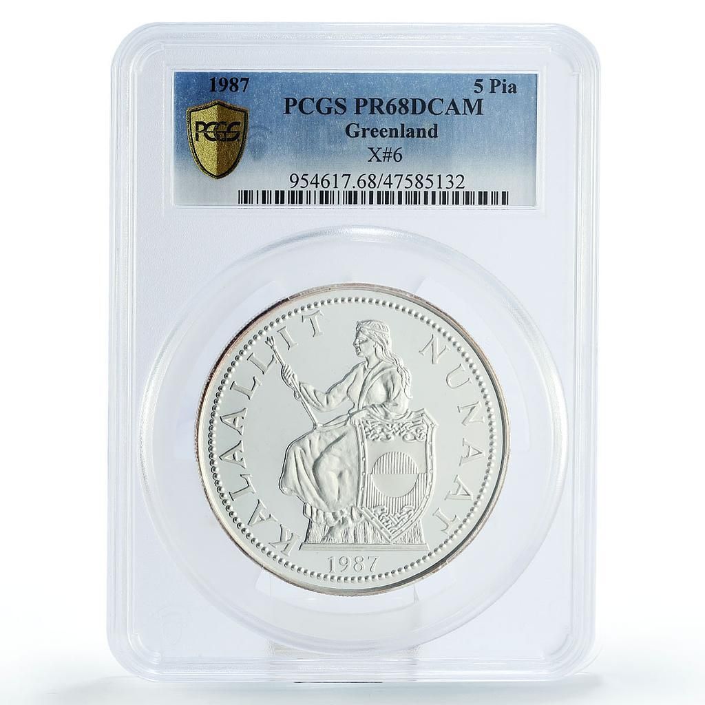 デンマーク グリーンランド 5ピアストル コンサベーション ホッキョクグマ PR 68 PCGS 銀貨 1987年