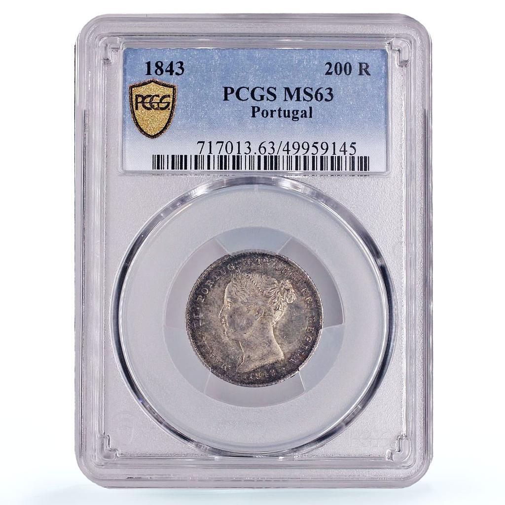 ポルトガル 200レイス マリア2世 貨幣 KM-474 MS 63 PCGS 銀貨 1843年