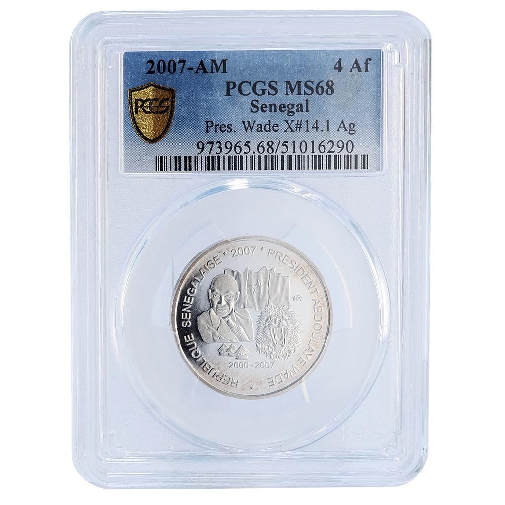 セネガル 6000フラン プレジデント ウェイド ライオン 4 アフリカゾウ MS 68 PCGS 銀貨 2007年