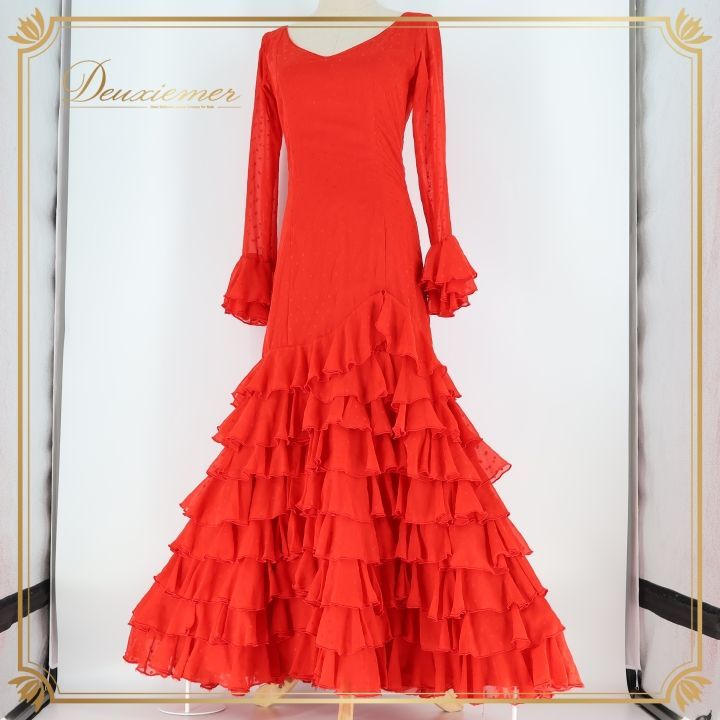 フラメンコ 衣装 ワンピース ドレス 赤 水玉 ボランテ フリル 透け感 長袖 豪華 感 ダンス 舞台 発表会 レッド系 フラメンコドレス 舞台衣装 演出用ドレス レディースダンス おしゃれ フリルワンピース 赤ドレス フラメンココスチューム