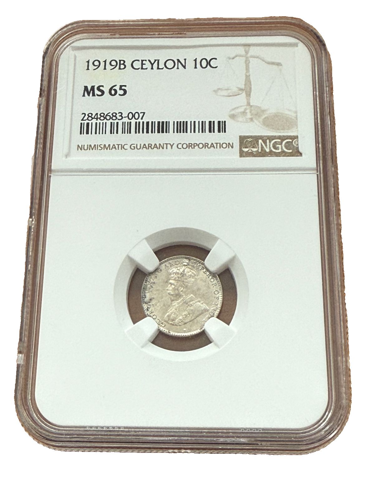 セイロン 1919 B 銀貨 10セント NGC MS 65 ジョージ5世