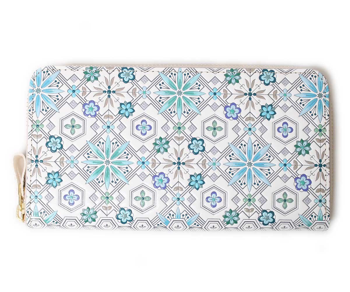 浅草文庫 友禅染 長財布 花菱 はなびし 柄 江戸小紋 財布 ラウンドファスナー 本革 浅葱色 浅葱 アサギ 色