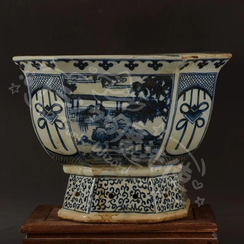 新年ギフト清末青花開窓庭楼四方高脚鉢 景徳鎮 盆栽鉢 陶磁器 現代 置物