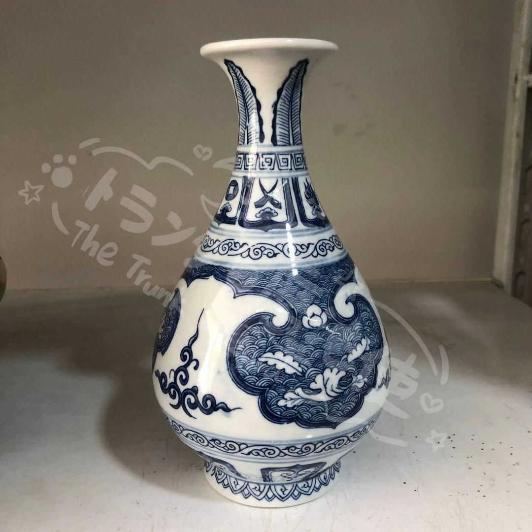 新年ギフト元 青花蓮模様 玉壺春瓶 景徳鎮 陶磁器 装飾品 現代工芸品