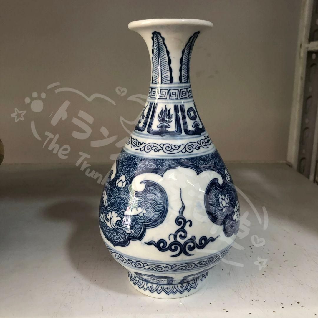 新年ギフト元 青花蓮模様 玉壺春瓶 景徳鎮 陶磁器 装飾品 現代工芸品