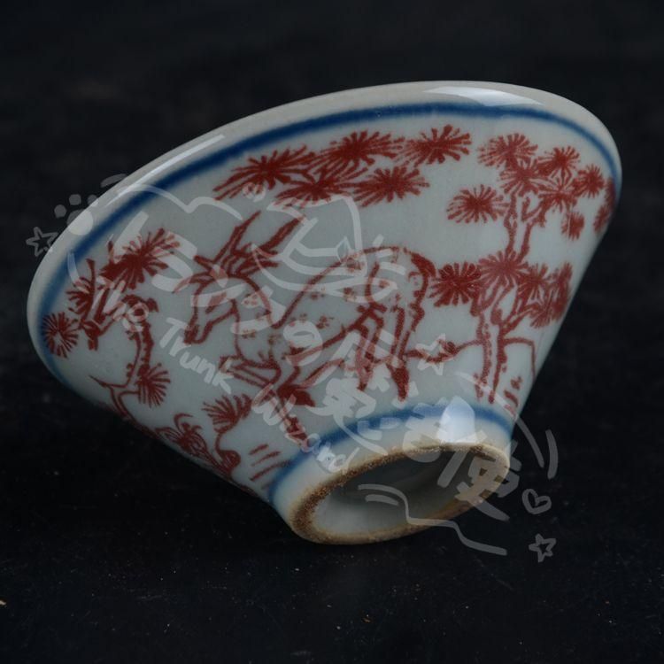 新年ギフト中国美術 釉里紅松鶴鹿笠杯 湯飲み 工芸品 美術品 置物