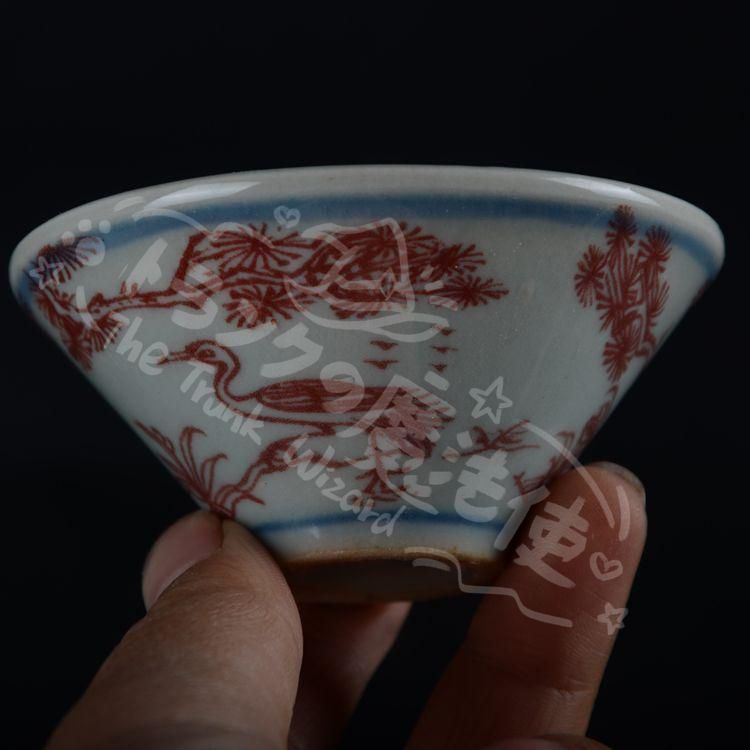 新年ギフト中国美術 釉里紅松鶴鹿笠杯 湯飲み 工芸品 美術品 置物