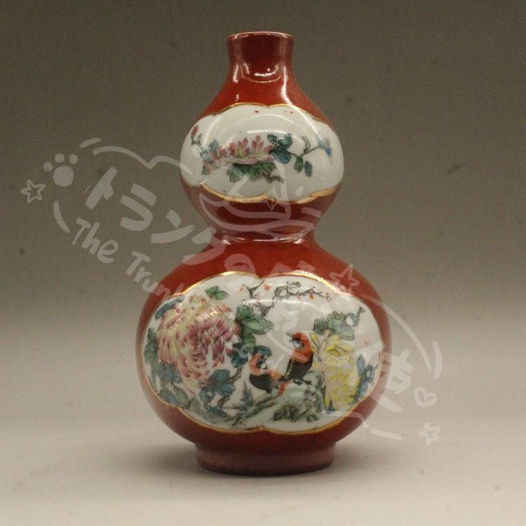 新年ギフト居仁堂款紅釉粉彩花鳥瓢?瓶 景徳鎮 陶磁器 装飾品 現代工芸