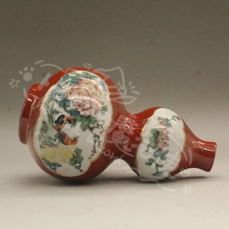 新年ギフト居仁堂款紅釉粉彩花鳥瓢?瓶 景徳鎮 陶磁器 装飾品 現代工芸