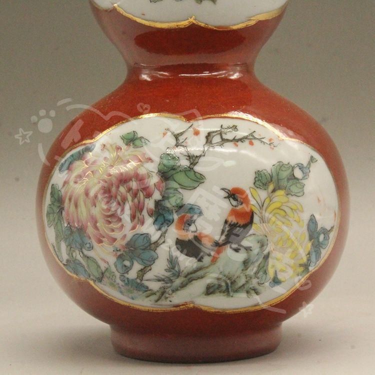 新年ギフト居仁堂款紅釉粉彩花鳥瓢?瓶 景徳鎮 陶磁器 装飾品 現代工芸