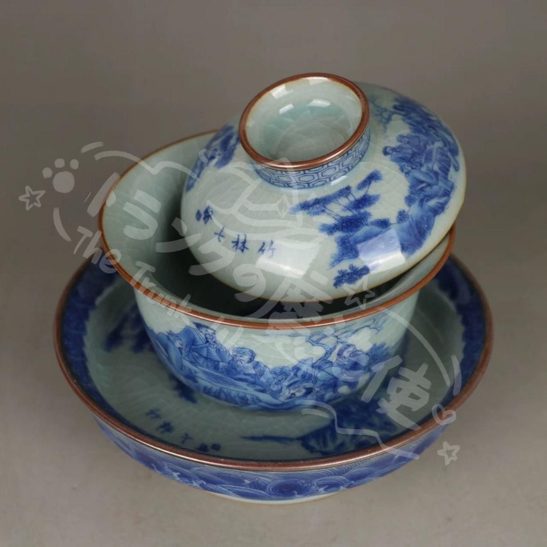 新年ギフト竹林七賢紋三才杯蓋碗 蓋杯 湯飲み 茶器 現代工芸品 美術品 置物