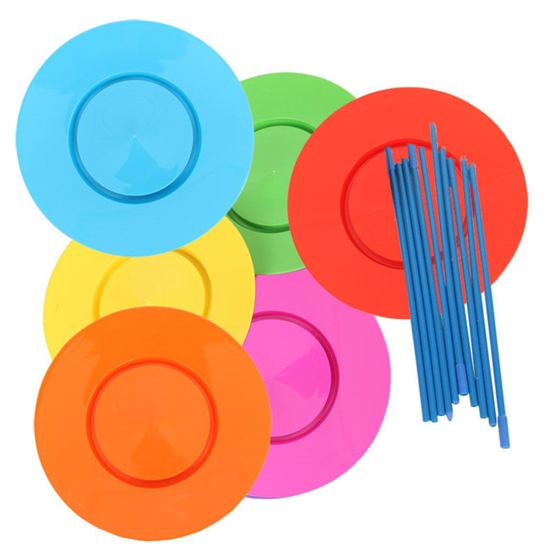 全国無料，人気 【数量限定】皿回し セット（ｘ6）スピンクル プレート（棒付）初心者 入門用 道具 さらまわし (ピンク・オレンジ・緑・青・赤・黄) 手品