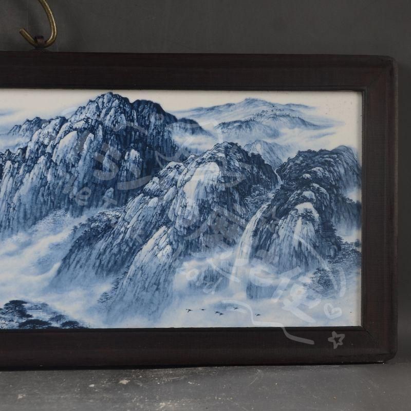 新年ギフト景徳鎮 青花山水紋陶板画 応接間 茶室 書斎 装飾品 工芸品