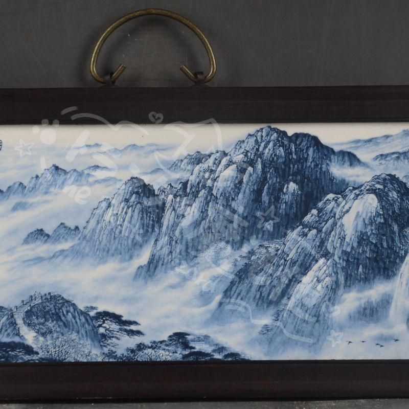 新年ギフト景徳鎮 青花山水紋陶板画 応接間 茶室 書斎 装飾品 工芸品