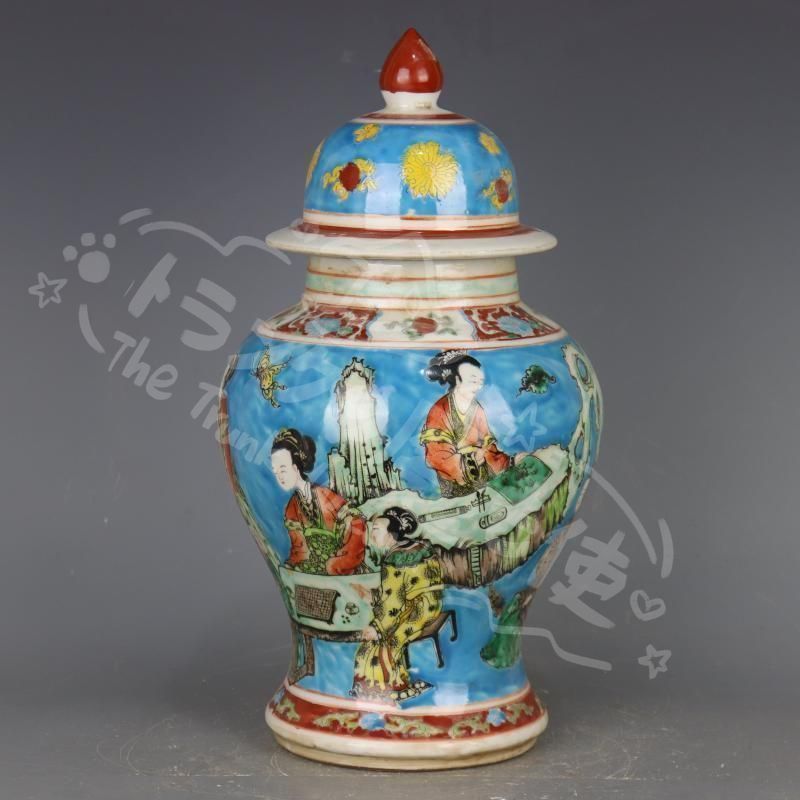 新年ギフト康熙藍地パステル人物将軍缶 景徳鎮 陶磁器 装飾品 現代 置物